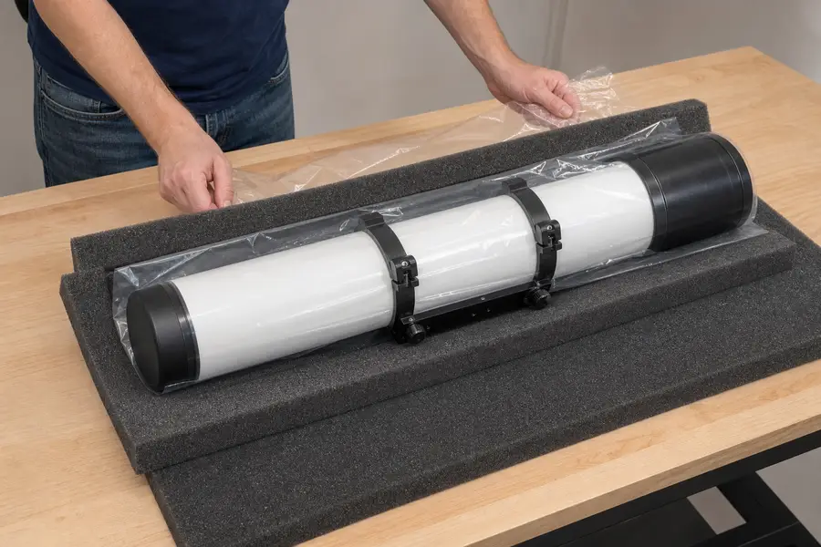 Capped telescope optical tube protected by a clean bag and fitted foam