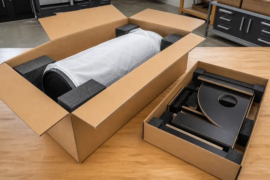 Large Dobsonian optical tube protected in one box with the disassembled rocker base packed separately